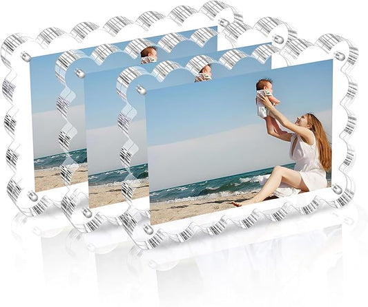 3 Pack Acrylic Picture Frame: 4x6inch Magnetic Picture Frames, Double Sided Magnet Frames,10+10mm Thick Block, Clear Photo Scalloped Frames Freestanding for Desktop Display