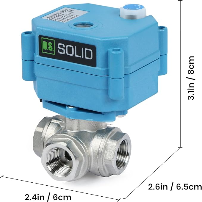 U.S. Solid 3/8" 3 Way Stainless Steel Motorized Ball Valve AC110-230V, L Type Water Shutoff Valve with Manual Function, Standard Port