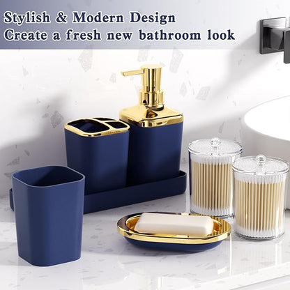 Blue Bathroom Set, Bathroom Sets with Stripe Shower Curtain, Navy Blue and Gold Bathroom Accessories with Trash Can, Soap Dispenser, Soap Dish, Toilet Brush Holder, Qtip Holders for Bathroom
