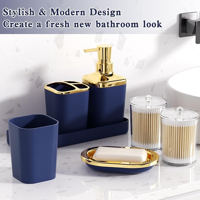 Bathroom Accessories Set - 26PCS Navy Blue Bathroom Set, Bathroom Accessory Set with Shower Curtain and Rugs and Bathtub Mats for Home