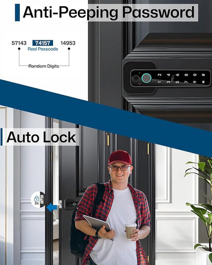 5-in-1 Smart Fingerprint Door Lock,Keyless Entry Digital Knob, Bluetooth App Control, Card and Key, Biometric Door Knob with Handle, Easy to Install for Exterior, Interior, Bedroom Doors