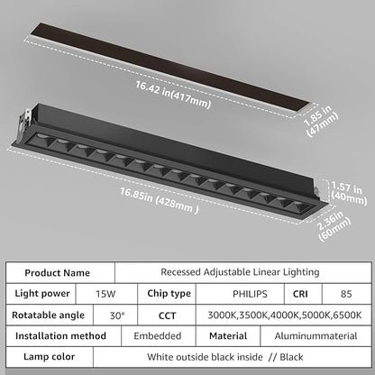 LED Linear Recessed Spotlight, Black Aluminum Recessed Grille Spotlight with Junction Box, Dimable 5 CCT 3000K-6500K, TRIAC Dimming Lighting for Living Room Kitchen Bedroom Hallway