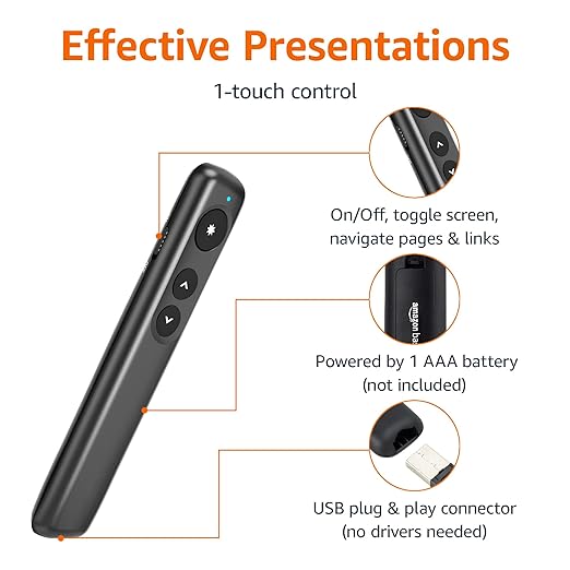 Amazon Basics Wireless Presenter, Red Laser, 2.4GHz, Battery Operated, Hyperlink