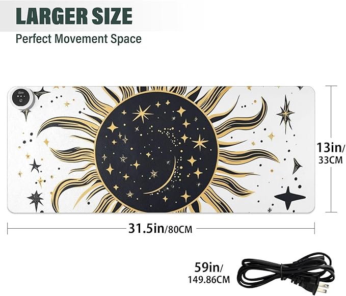 Heated Desk Pad Mouse Pad 31.5x13 Inch PU Leather Desk Mat with 3 Heat Levels Large Mouse Gaming Computer Laptop Mat Vintage Constellation Sun and Star 01