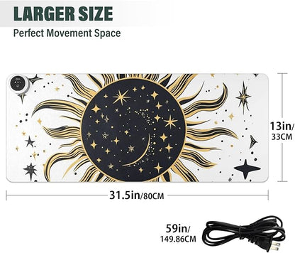 Heated Desk Pad Mouse Pad 31.5x13 Inch PU Leather Desk Mat with 3 Heat Levels Large Mouse Gaming Computer Laptop Mat Vintage Constellation Sun and Star 01