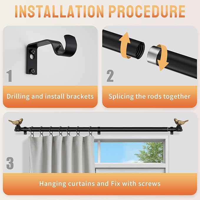 Decorative Black Curtain Rod 18 to 45 Inches Adjustable Drapery Rod with Bird Finials Heavy Duty Curtain Rods for Windows Living Room Kitchen