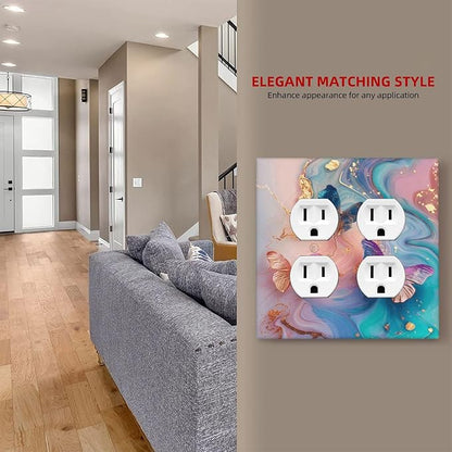 Colorful Marble Butterfly Gold Glitter Abstract Print Outlet Covers 2 Gang Double Duplex Decorative Light Switch Covers Electrical Wallplates Socket Faceplate for Bed Room Living Room Decor