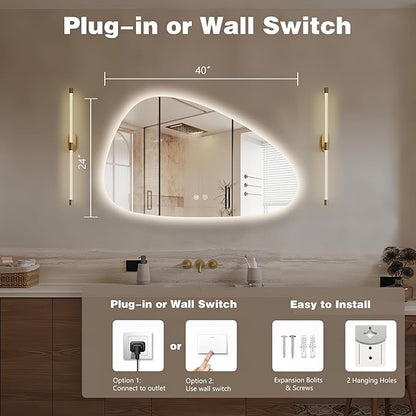 Niccy Irregular LED Bathroom Mirror, 24"x40" Asymmetrical Backlit Vanity Wall Mirrors, Frameless Lighted Mirrors for Bedroom, Living Room, Modern Smart-Mirror with Anti-Fog, Dimmable, Memory Function