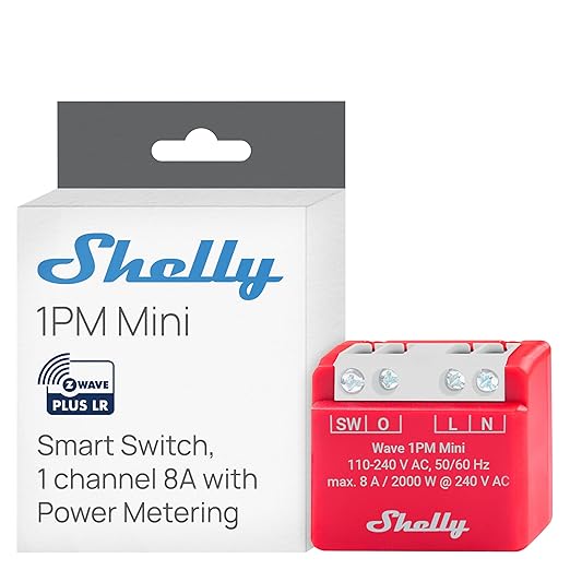 Shelly Wave 1PM Mini US LR, Z-Wave Long Range Smart Switch Relay with Power Metering, 1-Channel 8 A, Compatible with Alexa, Google Home, SmartThings & Home Assistant, Bulletproof Security