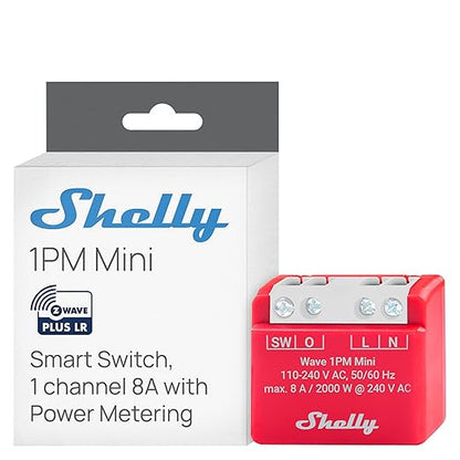 Shelly Wave 1PM Mini US LR, Z-Wave Long Range Smart Switch Relay with Power Metering, 1-Channel 8 A, Compatible with Alexa, Google Home, SmartThings & Home Assistant, Bulletproof Security