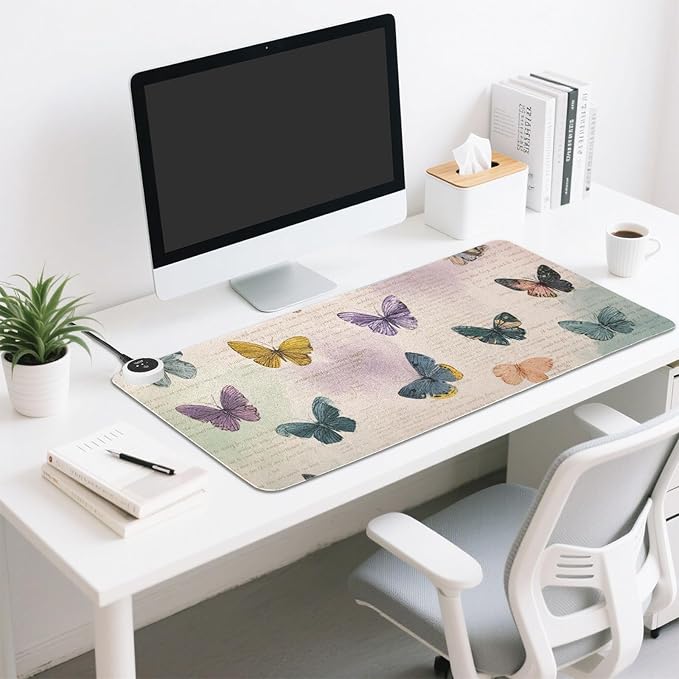 Heated Desk Pad Mouse Pad 31.5x13 Inch PU Leather Desk Mat with 3 Heat Levels Large Mouse Gaming Computer Laptop Mat Vintage Beige Butterflies