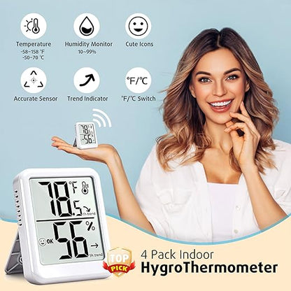 4-Pack Room Thermometer Indoor Hygrometer, Small Digital Temperature and Humidity Monitor Sensor, Temperature Humidity Gauge Meter for Home Baby Room, Plants, Pets - AAA Battery Included