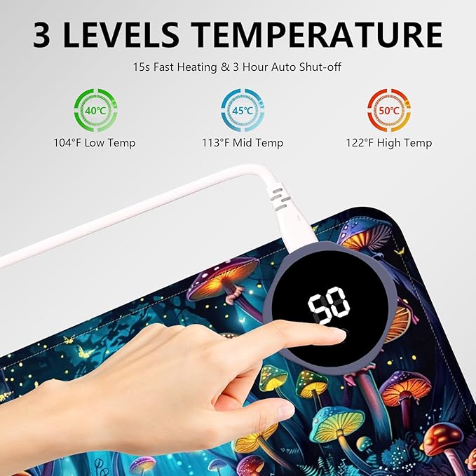Heated Mouse Pad with 3 Levels Heated & 3 Hours Auto Shut-Off Mouse Pad for Warming Hands in Office Home, 23.6" x 14.2"Large Safe Desk Mat Hand Warmer，Forest Glowing Mushroom