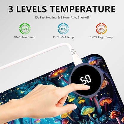 Heated Mouse Pad with 3 Levels Heated & 3 Hours Auto Shut-Off Mouse Pad for Warming Hands in Office Home, 31.5" x 13"Large Safe Desk Mat Hand Warmer，Forest Glowing Mushroom