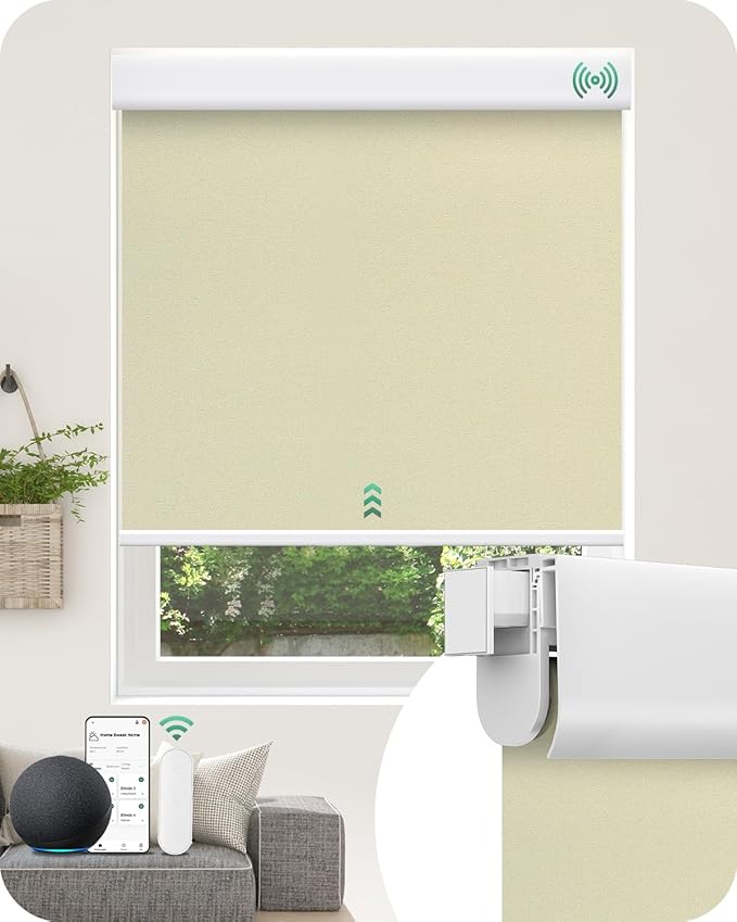 Allesin No Drill Motorized Roller Blinds – Rechargeable Electic Blackout Shades with Cassette Cover, Utral-Quiet Motor, Automatic Blind with Remote for Indoor Windows (Beige, 22" W x 72" H)