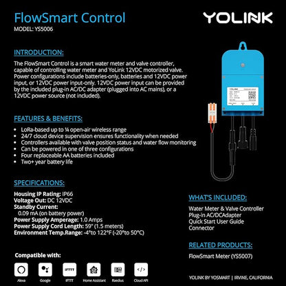 NSF Certified Pulse Meter + Shutoff Valve Kit, 1", FlowSmart Controller YS5006 Reads Meter Pulses, Real-Time Usage & Leak Detection, Auto Shutoff (D2D Offline), LoRa Long Range, Hub Included