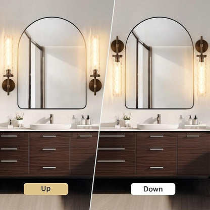 19.5" Knurled Brass Wall Sconces Set of 2, Bronze Bathroom Vanity Light Fixtures with Water Ripples Glass Tube, Modern Lamp Lighting for Bedroom, Living Room, Hallway, Staircase, Mirror, Kitchen