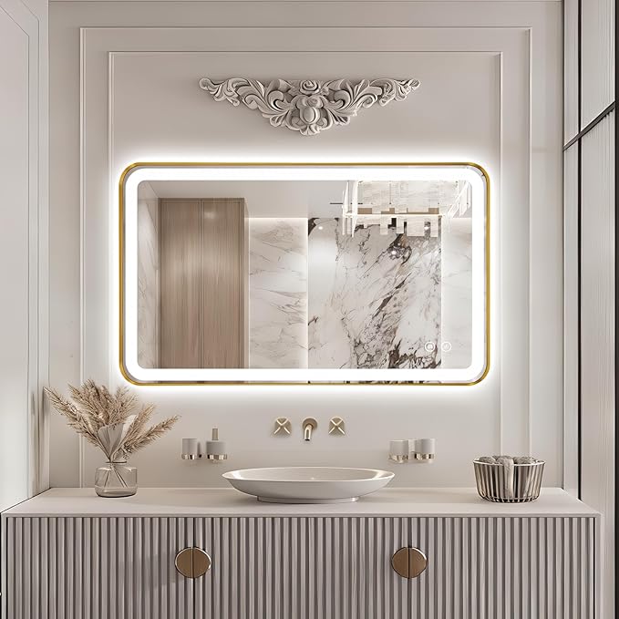 40"x24" Lighted Vanity Mirror with Lights, Gold Metal Frame Led Mirror for Bathroom, Anti-Fog Wall Mirror with Front and Backlit, Shatterproof, 3 Colors Stepless Dimmable, Horizontal/Vertical