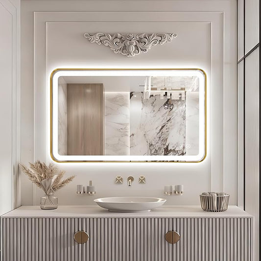 40"x24" Lighted Vanity Mirror with Lights, Gold Metal Frame Led Mirror for Bathroom, Anti-Fog Wall Mirror with Front and Backlit, Shatterproof, 3 Colors Stepless Dimmable, Horizontal/Vertical