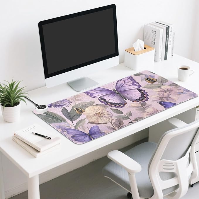 Heated Desk Pad Mouse Pad 31.5x13 Inch PU Leather Desk Mat with 3 Heat Levels Large Mouse Gaming Computer Laptop Mat Floral Purple Butterflies Bees