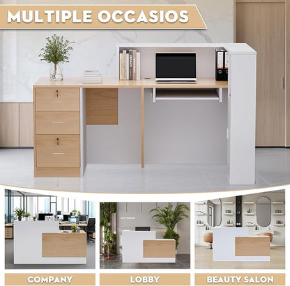 L-Shaped Modern Reception Desk with Counter & Storage - 71" Large Office Front Desk, Salon Checkout Counter with Lockable Cabinets, Shelves(Oak & White, Left - 71''L x 34''W x 41''H)