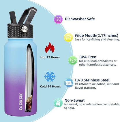 BJPKPK 2 Pack Insulated Water Bottles with Straw Lids, 32oz Stainless Steel Metal Water Bottle with 6 Lids, Leak Proof BPA Free Jugs, Cups, Flasks for Travel, Sports (Cherry+Ocean Dream)