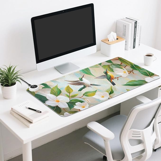 Heated Desk Pad Mouse Pad 31.5x13 Inch PU Leather Desk Mat with 3 Heat Levels Large Mouse Gaming Computer Laptop Mat Jasmine Flowers Green Leaves and Hummingbird