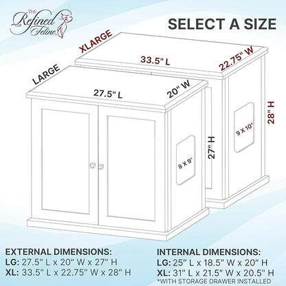The Refined Feline Cat Litter Box Enclosure Cabinet, Shaker, Smoke Gray, Round Feet, XLarge, Hidden Litter Cat Furniture with Drawer