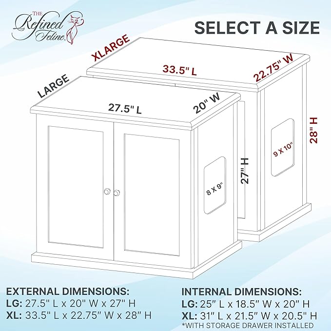 THE REFINED FELINE Cat Litter Box Enclosure Cabinet, Shaker, Mahogany Brown, Tapered Feet, Large, Hidden Litter Cat Furniture with Drawer