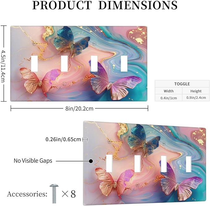 Colorful Marble Butterfly Gold Glitter Abstract Print Light Switch Covers Quad Toggle Electrical Faceplate 4 Gang Wall Plate Decorative Switch Plates for Bed Room Living Room Decor
