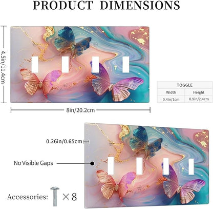 Colorful Marble Butterfly Gold Glitter Abstract Print Light Switch Covers Quad Toggle Electrical Faceplate 4 Gang Wall Plate Decorative Switch Plates for Bed Room Living Room Decor