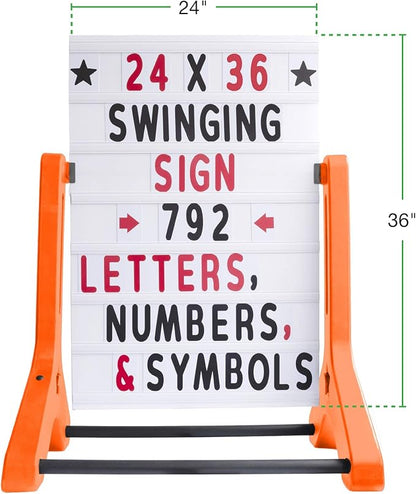 Swinging Changeable Message Sidewalk Sign: 24" x 36" Sign with 792 Pre-Cut Double Sided Letters and Storage Box. Includes Black Board & Letter Board (Orange Color Legs)
