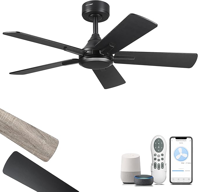 YOUKAIN Ceiling Fan No Light, 42 Inch Black Modern Ceiling Fans, Smart Ceiling Fan Works with Voice Control & Remote Control, Reversible Blades, Outdoor Ceiling Fans for Living room, 42-YJ812-BK-NL
