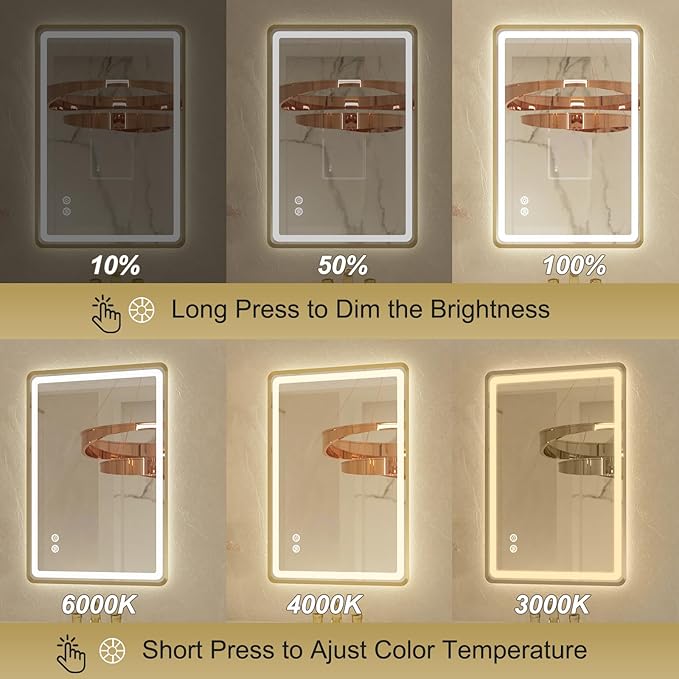 20"x 28" Gold Framed LED Mirrors for Bathroom, Wall Mounted Lighted Bathroom Vanity Mirror, Front and Backlight, Stepless Dimmable, 3 Colors, Anti-Fog, Memory, Smart Touch Button