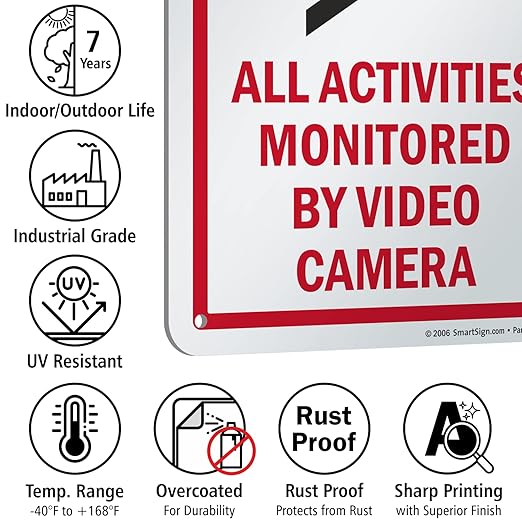 SmartSign 10 x 7 inch “Notice - All Activities Monitored By Video Camera” Metal Sign, 40 mil Laminated Rustproof Aluminum, Red, Black and White, Made in USA