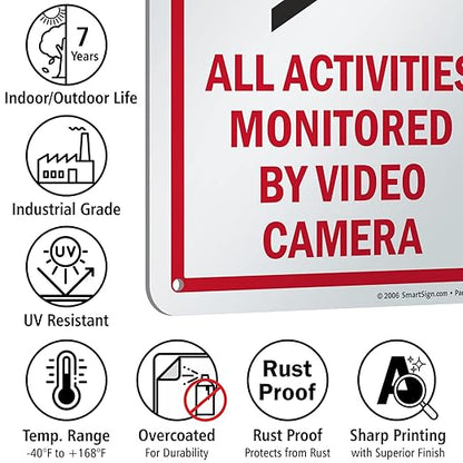 SmartSign 10 x 7 inch “Notice - All Activities Monitored By Video Camera” Metal Sign, 40 mil Laminated Rustproof Aluminum, Red, Black and White, Made in USA