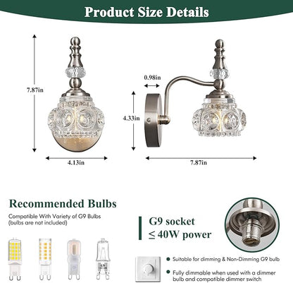 Modern Wall Sconce Set of Two Indoor Wall Lamp Nickel Vintage Wall Sconces Glass Wall Light Bathroom Vanity Light Fixture Wall Mounted Room Sconce Wall Lighting