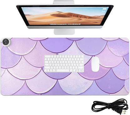 Heated Desk Pad Mouse Pad 31.5x13 Inch PU Leather Desk Mat with 3 Heat Levels Large Mouse Gaming Computer Laptop Mat Light Purple Fish Scales