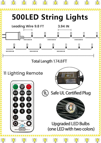 500 LED 165 FT Color Changing Christmas Lights with Remote and Timer, Fairy String Lights with 11 Lighting Modes & Memory Function Waterproof for Xmas Tree Holiday Party Decor(Warm White & Multicolor)