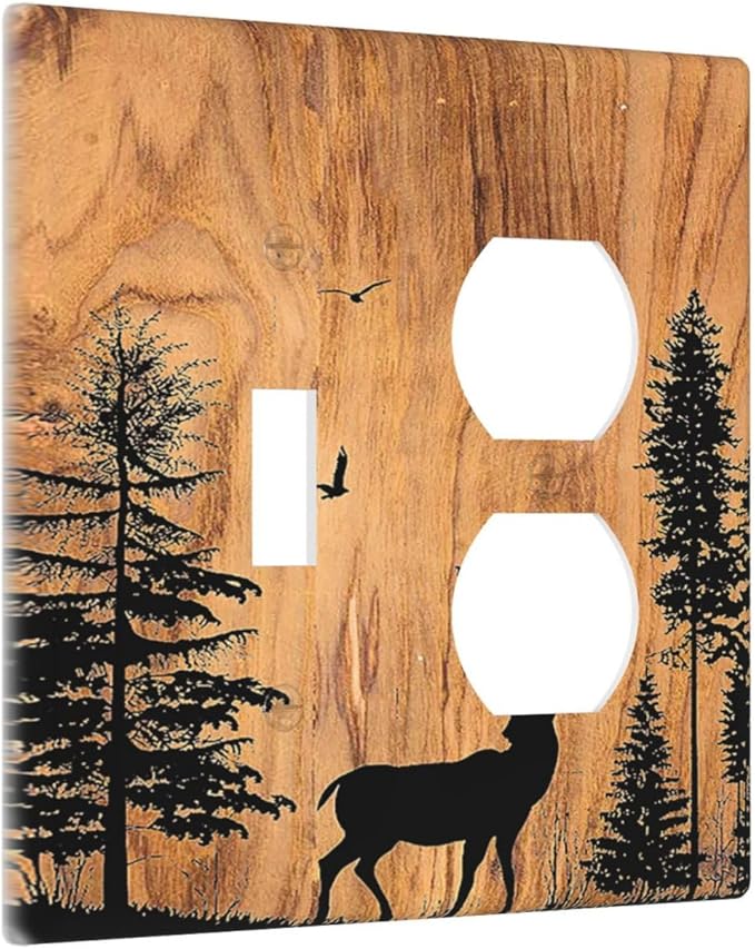 Wallplates Rustic Farmhouse Orange Brown Pine Tree Deer Wood Grain 1 Toggle 1 Duplex Switch Plate Electrical GFCI Faceplate Decorative Light Switch Covers for living Room Cabin Decor