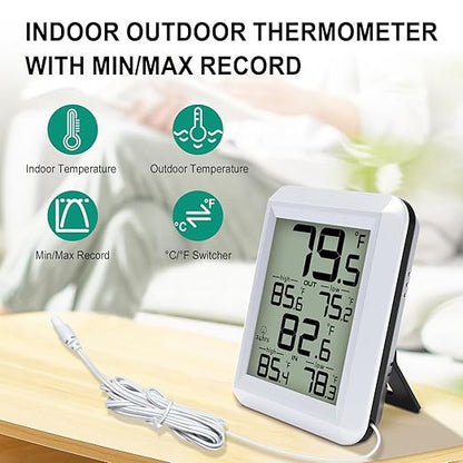 Urageuxy Digital Indoor Outdoor Thermometer Wired, Indoor Outdoor Temperature Monitor with Min/Max Record and Probe Sensor for Home, Office, Greenhouse, Aquarium, Refrigerator, Freezer (White)