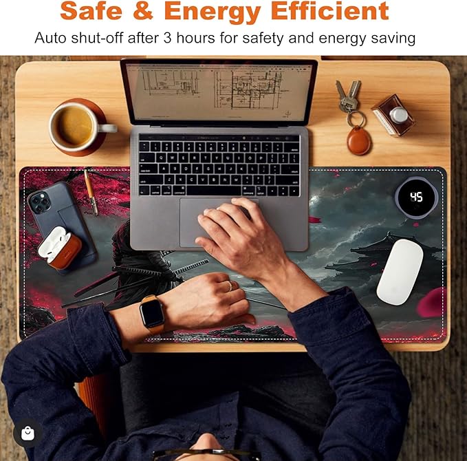 Heated Mouse Pad for Desk 31.5" x 13" – PU Leather Warm Desk Pad with 3 Heat Levels (104°F/113°F/122°F), Plug-in Electric Heating Mat with Auto Shut-Off, Waterproof & Rollable, Samurai