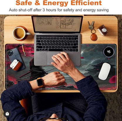 Heated Mouse Pad for Desk 31.5" x 13" – PU Leather Warm Desk Pad with 3 Heat Levels (104°F/113°F/122°F), Plug-in Electric Heating Mat with Auto Shut-Off, Waterproof & Rollable, Samurai