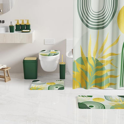Bathroom Set - Bathroom Sets with Shower Curtain and Rugs, Bathroom Accessory Set, Dark Green Bathroom Accessories Set with Trash Can, Toilet Brush and Soap Dispensers