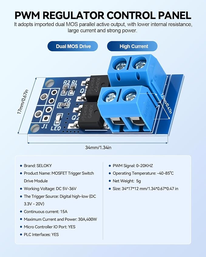 12PCS Dual High-Power MOSFET Trigger Switch Drive Module 0-20KHz PWM Adjustment Electronic Switch Control Board Motor Speed Controller Lamp Brightness Control, DC 5V-36V 400W, 15A (Max 30A)