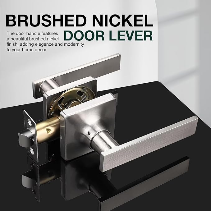 GOBEKOR 5 Pack Brushed Nickel Door Handles Interior Door Handles with Lock Nickel Passage Door Handles for Hall Closet Square Lever Door Handles