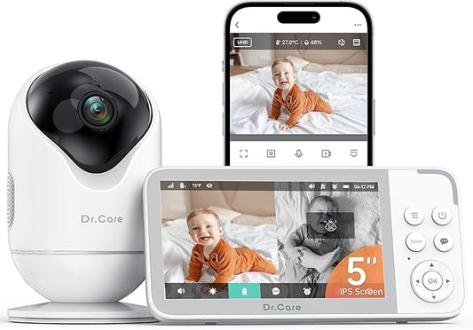Dr.Care VistaView 5” Smart WiFi Baby Monitor - 2K Camera App Control & 1080P Split Screen, Cry & Motion Detection, Pan-Tilt-Zoom, Night Vision, Video Recording, Triple Security, 2-Way Audio, 5000mAh