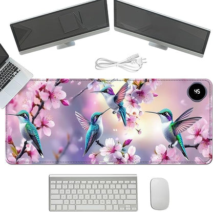 Heated Mouse Pad with 3 Temperature Settings(104°F–122°F),Large 31.5x13 Inch PU Leather Heated Desk Mat,Waterproof Warming Pad for Office,Gaming & Cold Hands Relief,Hummingbirds Flowers