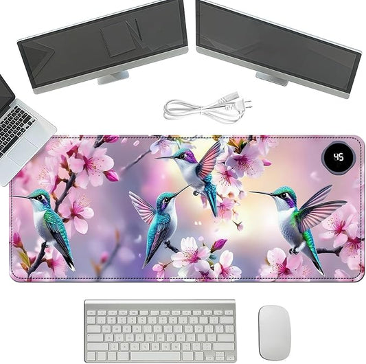 Heated Mouse Pad with 3 Temperature Settings(104°F–122°F),Large 31.5x13 Inch PU Leather Heated Desk Mat,Waterproof Warming Pad for Office,Gaming & Cold Hands Relief,Hummingbirds Flowers