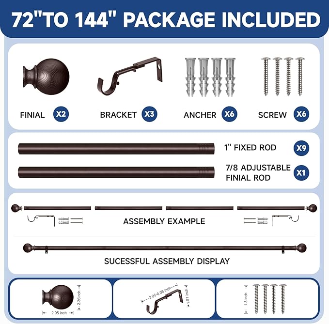 BRIOFOX Bronze Curtain Rods for Windows 72 to 144 Inch(6-12ft) - 1'' Diameter Heavy Duty Curtain Rods with Imitation Wood Grain Pattern Finials,Adjustable Decorative Curtain Rods Set,28-144''